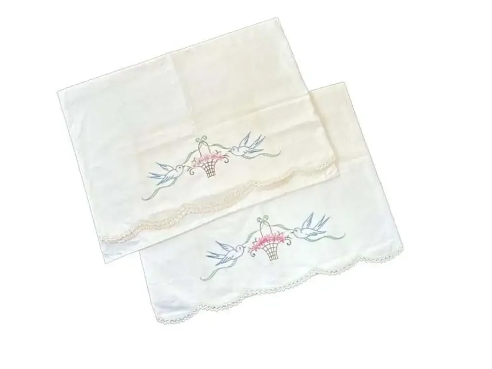 Vintage Hand Embroidered Floral Basket and Blue Birds Pillowcases Lace Trim